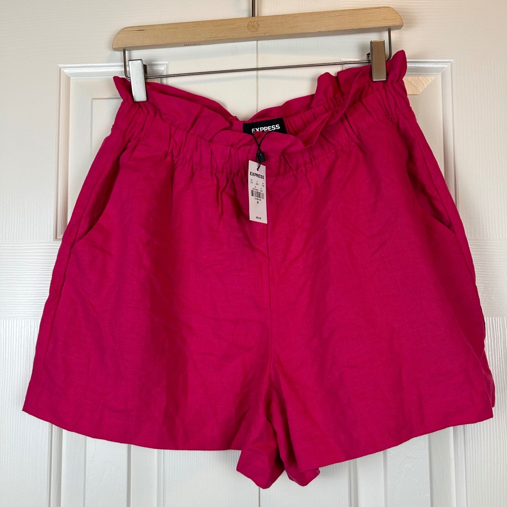 NWT Express Women Pink Linen Blend Paper Bag Waist Shorts Size M